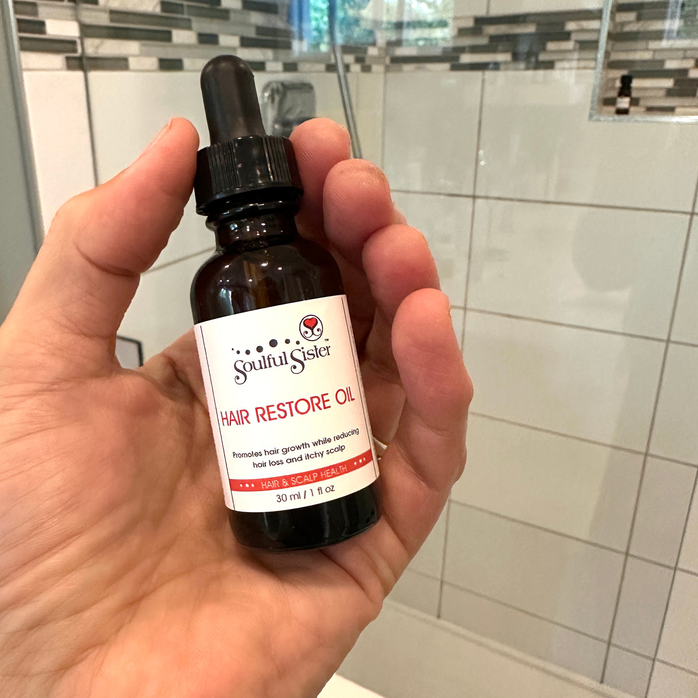 Hair Restore Oil in Shower for hair nourishment, Soulful Sister, Langford BC canada