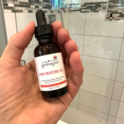 Hair Restore Oil in Shower for hair nourishment, Soulful Sister, Langford BC canada